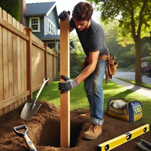 Person mounting a fence post. AI generated.