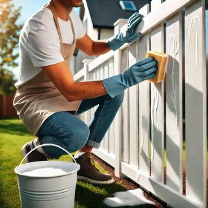 Person cleaning a vinyl fence with soap and water.
