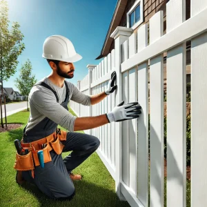 White vinyl fence with installer examining