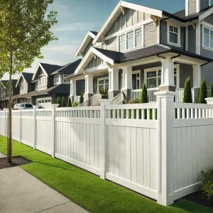 white vinyl fence in front of a home