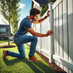 Person inspecting a vinyl fence
