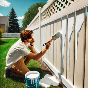 A person trying to paint a vinyl fence but failing