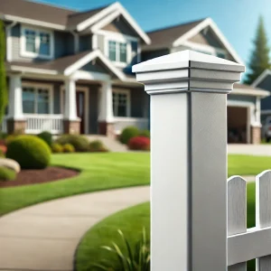Vinyl fence post in front of a home