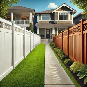 Vinyl fence next to a wood fence