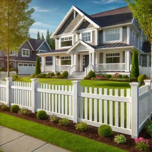 vinyl picket fence in front of a beautiful home