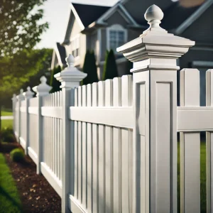 White vinyl post caps on fence posts