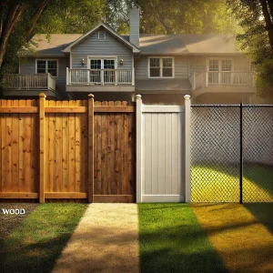 Fence panel made from different materials. Wood, aluminum, vinyl, chain link.