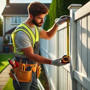 A fence installer measuring a white vinyl fence panel in a suburban backyard with a tape measure. The worker is wearing a high-visibility vest, work gloves, jeans, and a tool belt with various tools.