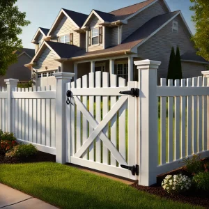 White vinyl gate attached to a vinyl fence.