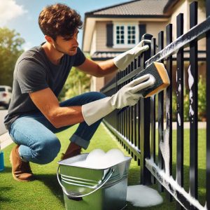 Homeowner cleaning an aluminum fence