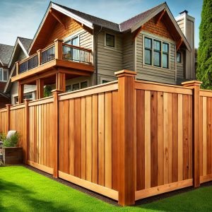 Cedar privacy fence in front of a house