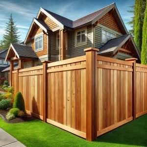 Strong wood fence in front of home
