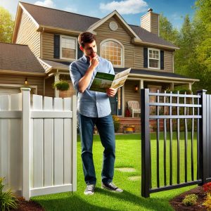 Homeowner choosing between aluminum or vinyl fence