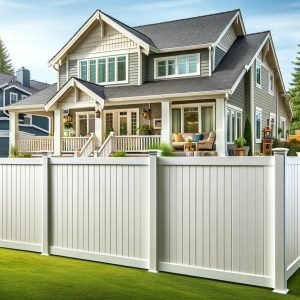 White vinyl privacy fence in front of a home