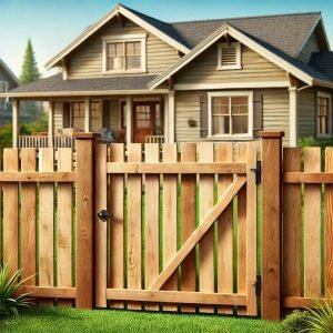 Wood fence with gate in front of a home